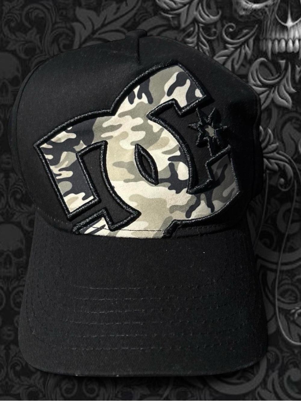 DC Black Hat with Grey Camo Logo Patch